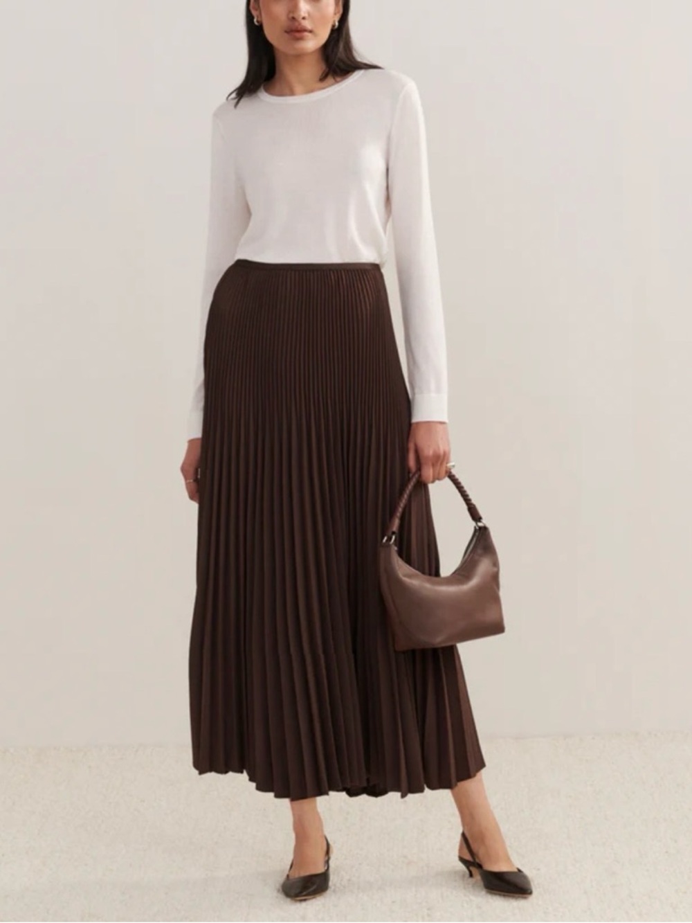 NWOT Jenni Kayne Pleated Midi Skirt Chocolate Brown Minimalist Elastic Waist M